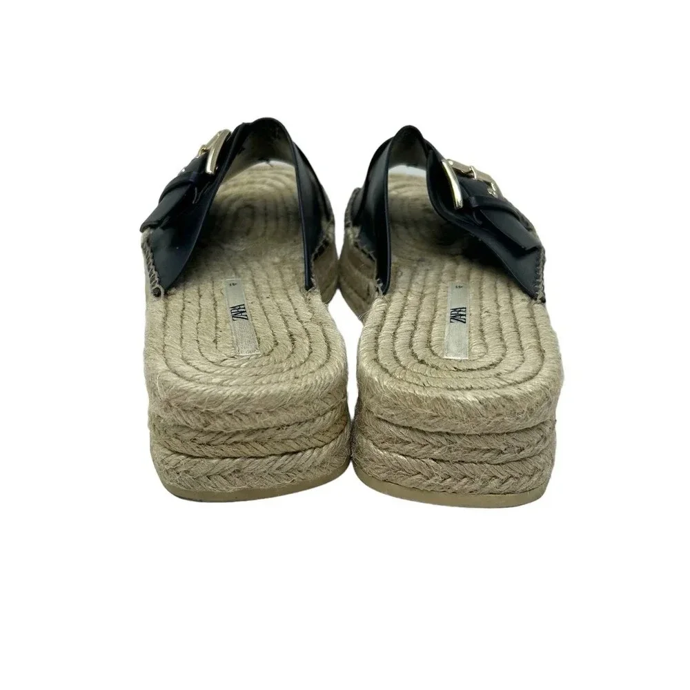 Zara Black Leather Buckle Espadrille Jute Slide Sandals Size‎ 41 / US 10.5